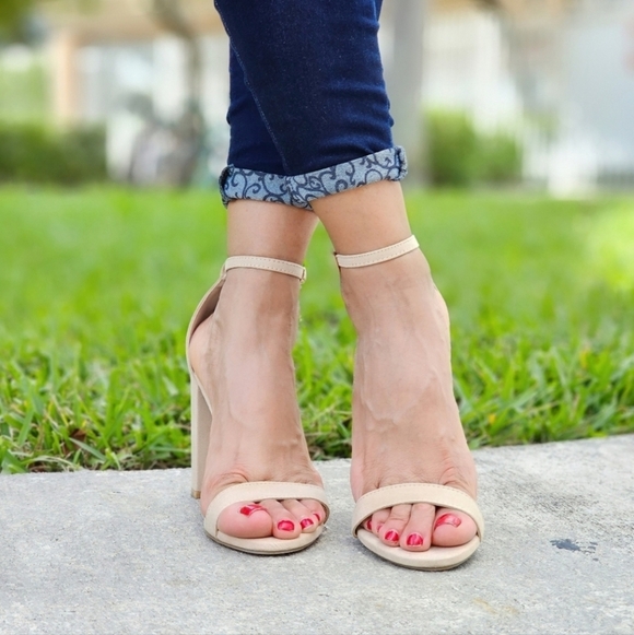 Beige Suede Ankle Strap Block Heel Dress Sandals - Picture 2 of 6
